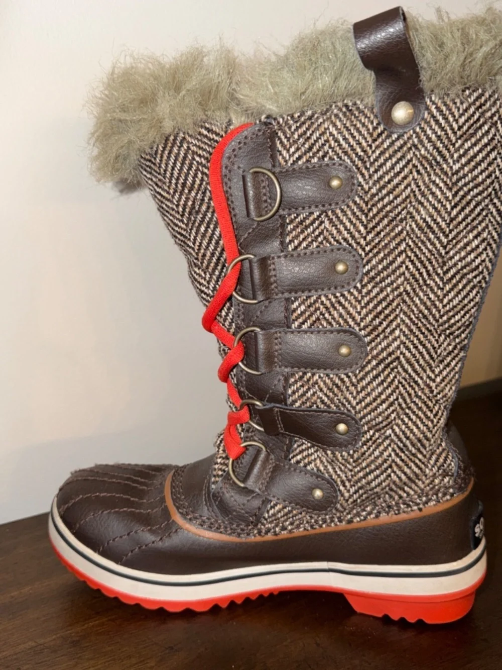 SOREL Tofino II Snow Winter Boots Womens Size 5 Brown Herringbone Tall Faux Fur